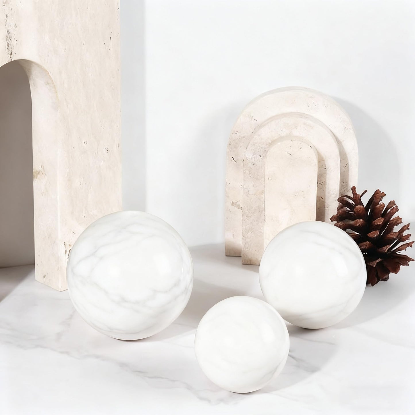 SIRIZEN-DIVING White Natural Marble Decorative Sphere Set, Heavy Solid Stone Balls for Home Decor, Bedroom, Entryway, Hotel, Dining Room Tabletop Display (8cm Diameter)