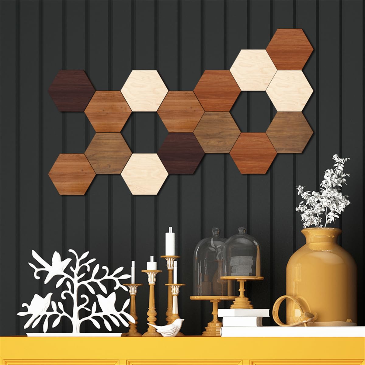 Wooden Multi Color Wall Art Decals, 15 PCS 3D Hexagon Wall Tiles for Office, Living Room, Bedroom, Home