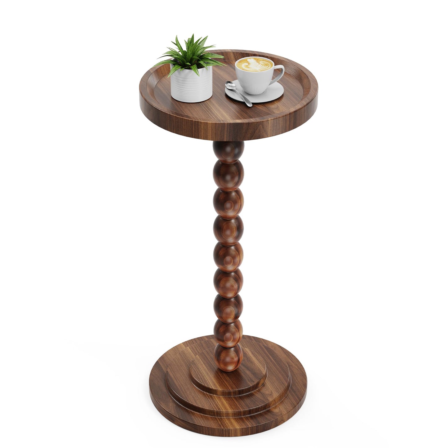 Round Wooden Side Table & Drink Table | Sturdy & Functional Mid-Century Modern Design with Solid Wood Columns for Living Room, Bedroom, Office & More
