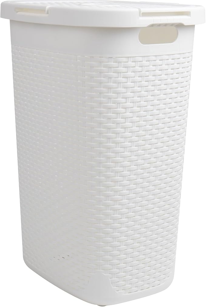Mind Reader Slim Laundry Hamper with Lid, 60L Tall Clothes Basket, Narrow Tapered Design for Bathrooms, Closets and Laundry Rooms, Plastic, White