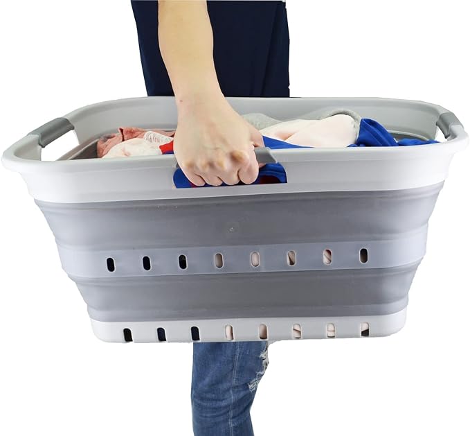 SAMMART 42L (11 gallon) Collapsible Plastic Laundry Basket - Foldable Pop Up Storage Container/Organizer - Portable Washing Tub - Space Saving Hamper/Basket (Grey/Dark Grey)