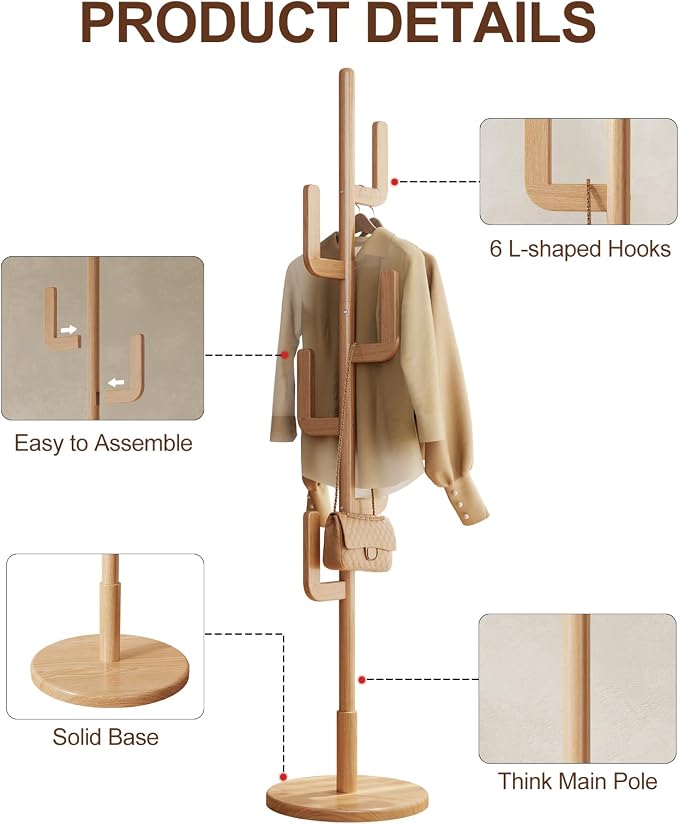 Muwuele Solid Wood Cactus Coat Rack, Freestanding Coat Rack With 6 L-Shaped Hooks and 3 Adjustable Sizes, Coat Tree for Bedroom, Entryway, Livingroom, Coat Hanger Stand for Coats, Handbags (Natural)