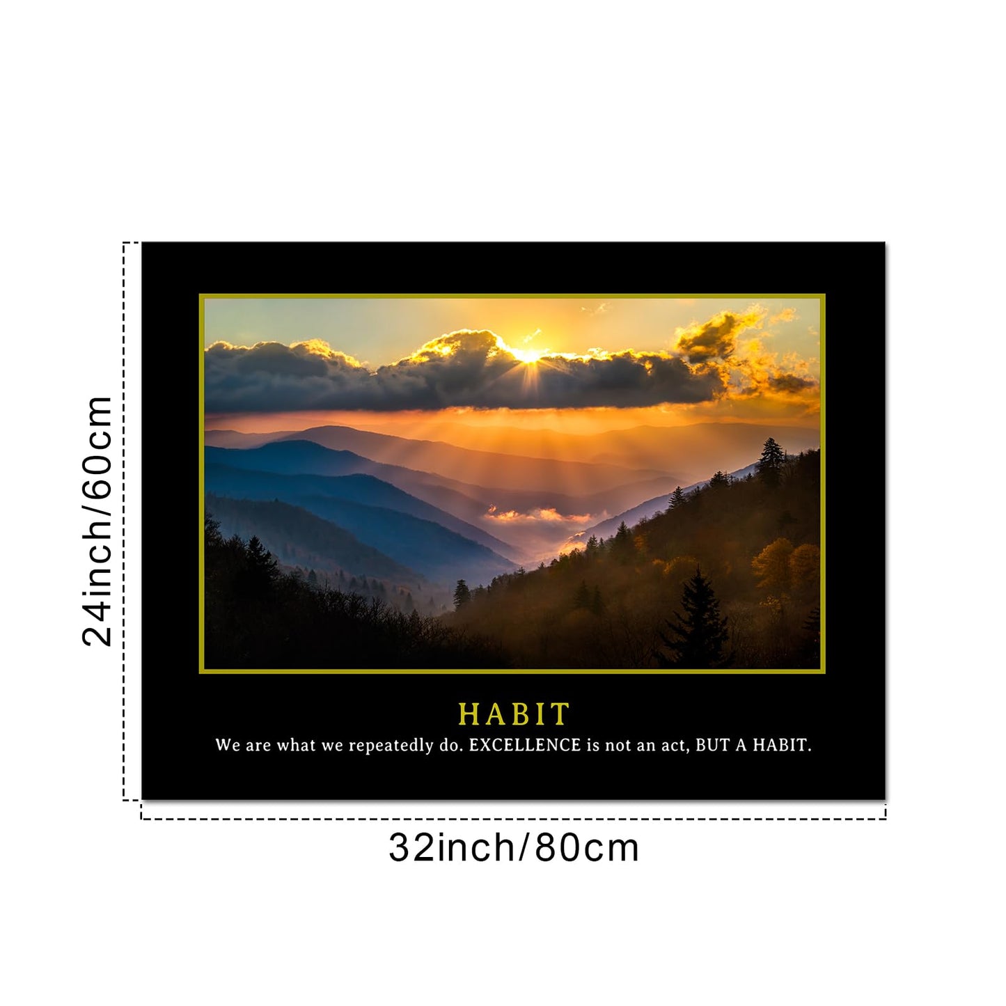 KREATIVE ARTS Motivational Quotes Canvas Wall Art - Excellence is Not an Act, But a Habit Inspirational Entrepreneur Poster - 24"x32" Framed Artwork for Office Smoky Mountain Sunrise Picture