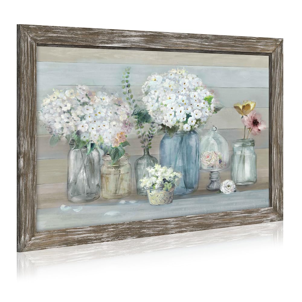 Framed Wooden Flowers Wall Art: Large Florals Vase Picture Botanical Plants Artwork for Living Room