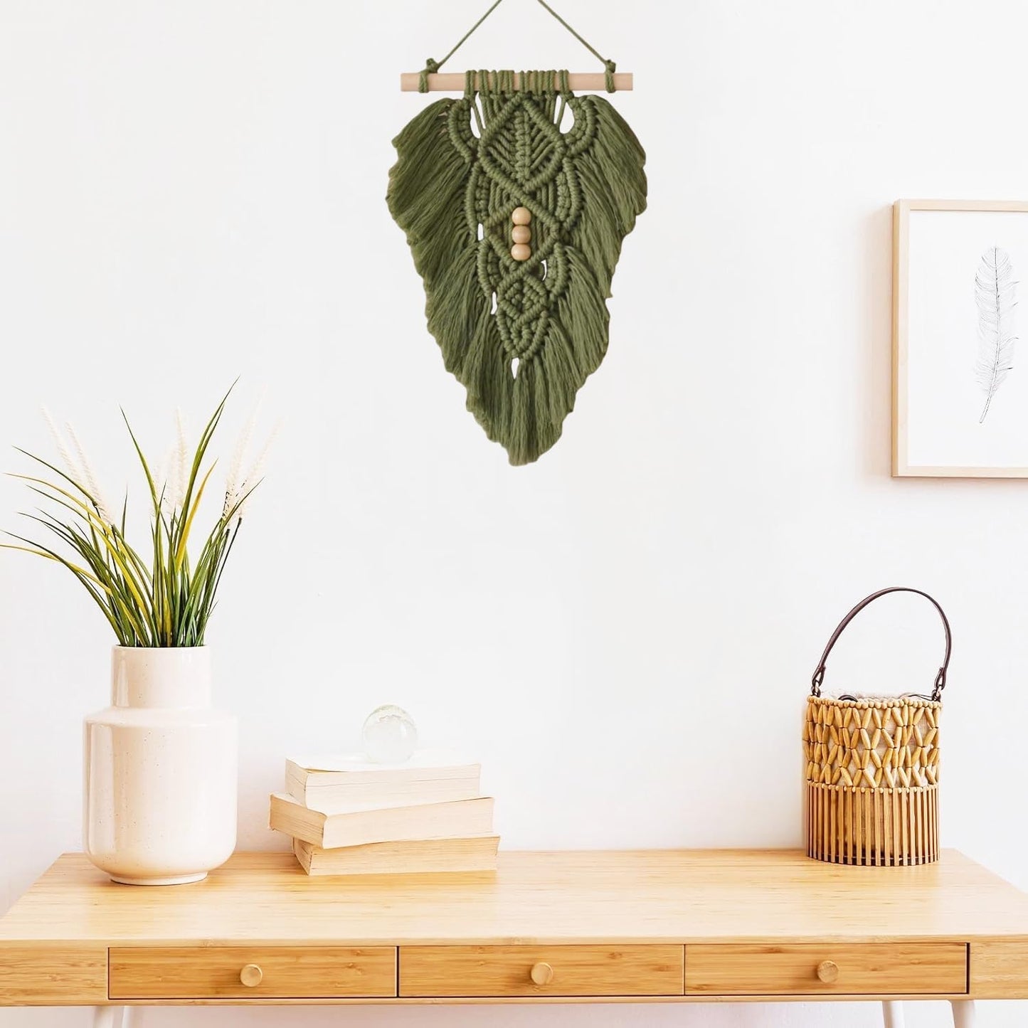 Boho Macrame Wall Hanging Leaves,Green Woven Leaf Tapestry,Tapestry Bohemian Chic Wall Décor, Feather Walls Hanging Boho Decor for Dorm Home Bedroom Western Room Decoration Gift for Women