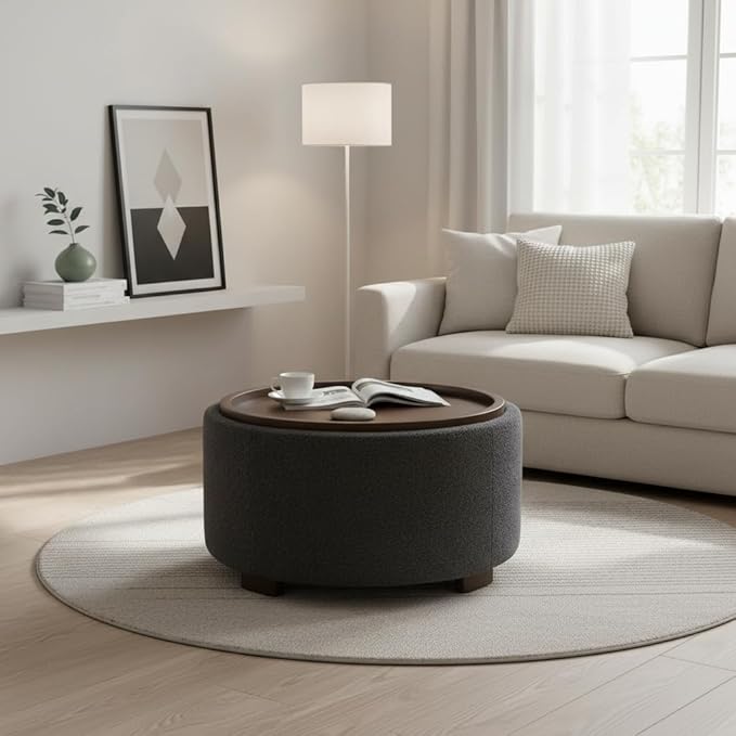 Zihanhome 30 Inch Round Storage Ottoman Coffee Table, Modern Boucle Ottoman with Lift-Off Lid and Solid Wood Legs for Living Room, Bedroom, Corners, Apartments (Grey)