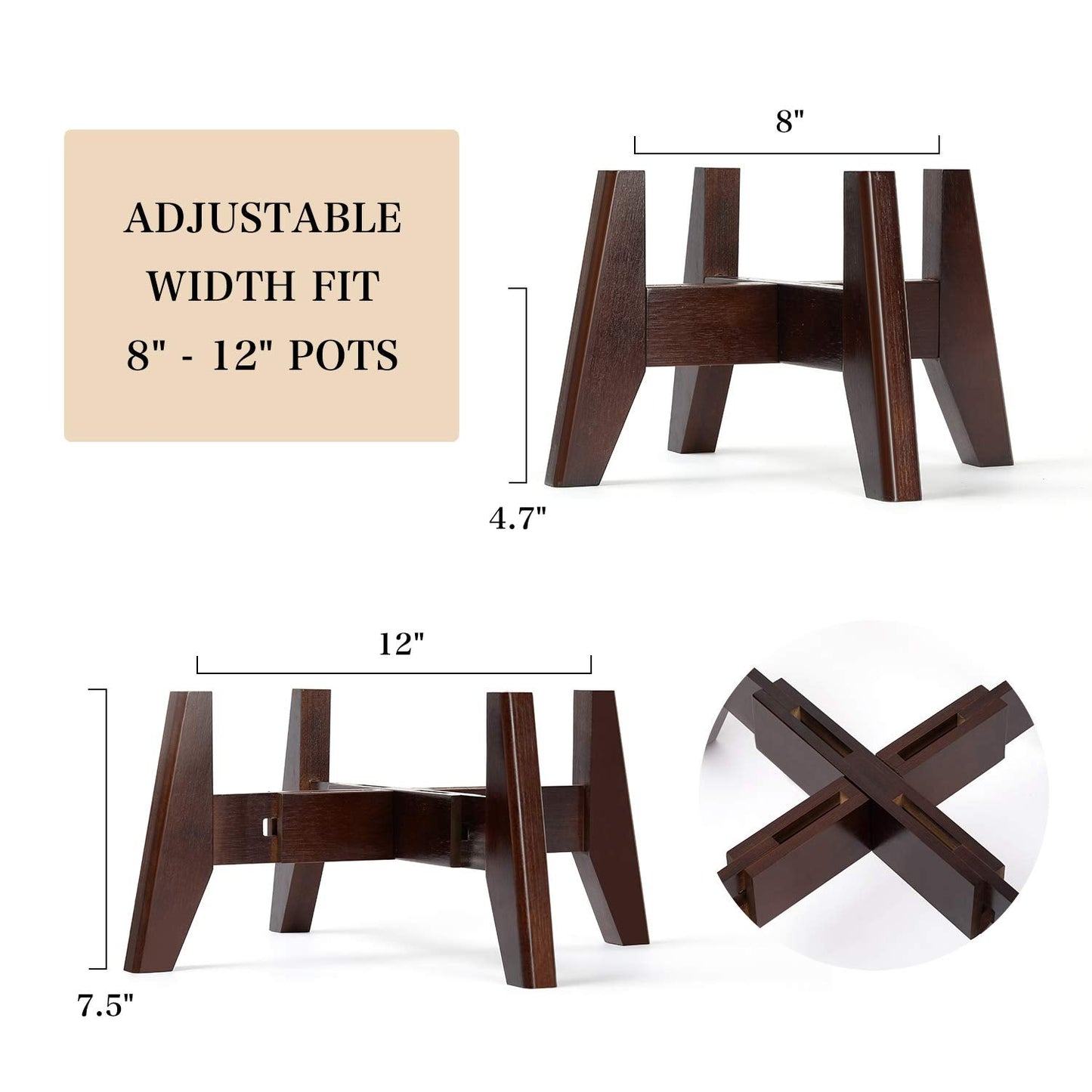 Seanmi Plant Stands for Indoor Plants, Bamboo Plant Stand, Mid Century Plant Holder, Adjustable Width, Fits 8 9 10 11 12 inches Pots - Dark Brown (Planter Stand Only)