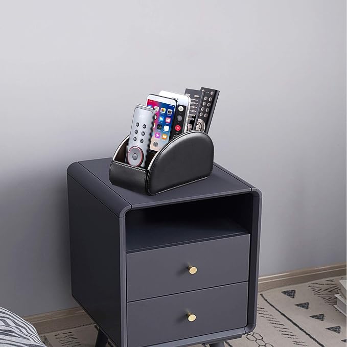 YAPISHI Large Leather TV Remote Control Holder Organizer Black with 5 Compartments Nightstand Desktop Media DVD Player Remote Tray Caddy Storage Box for Mobile Phone Pen Office Stationery Controllers