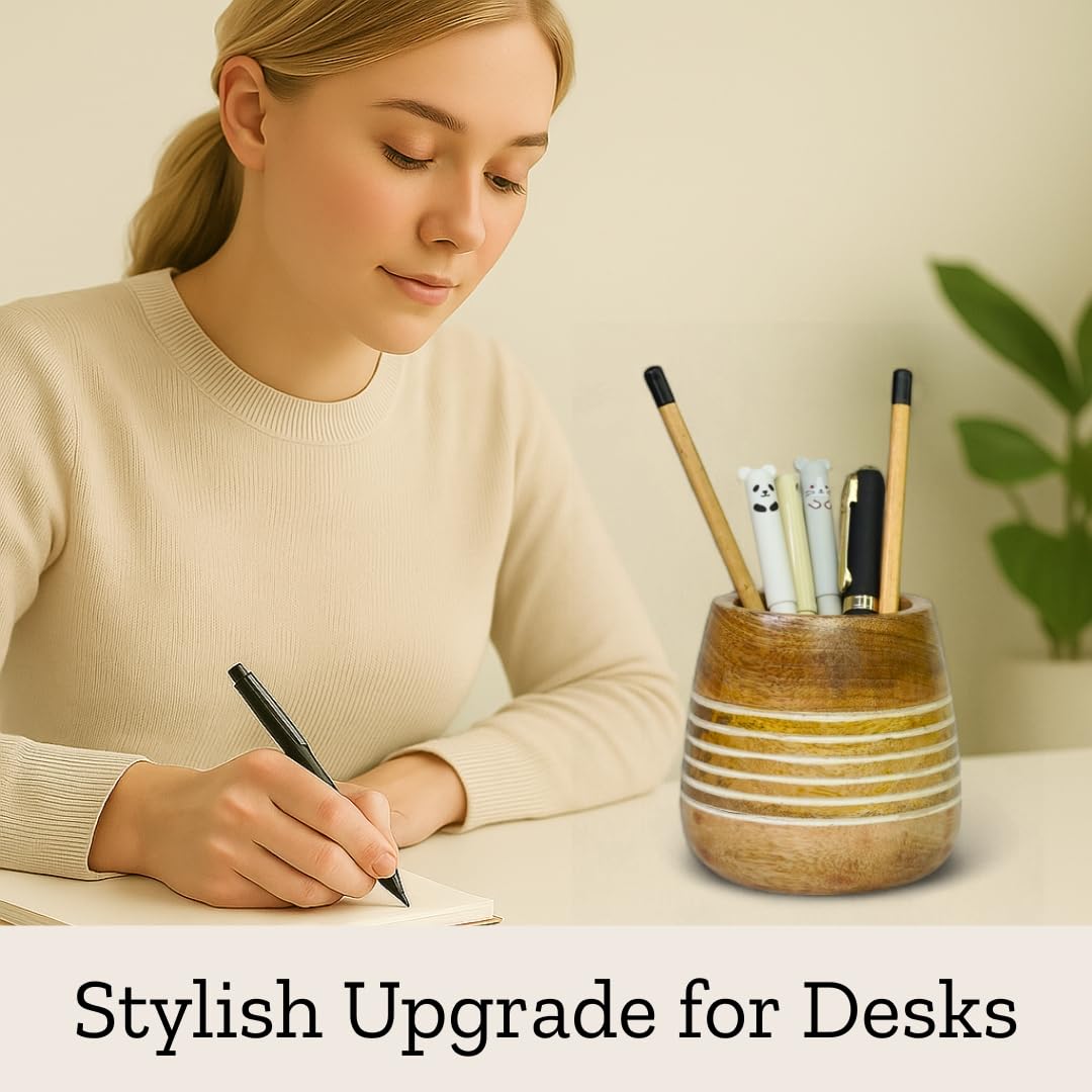 Mie Creations Wooden Pencil Cup Pen Holder for Desk Table | Farmhouse Wood Office Desktop Organizer, Paintbrush Stand, Makeup Brush Holder | Handmade Mothers Day Gifts for Mom- 4'' White Lining Design