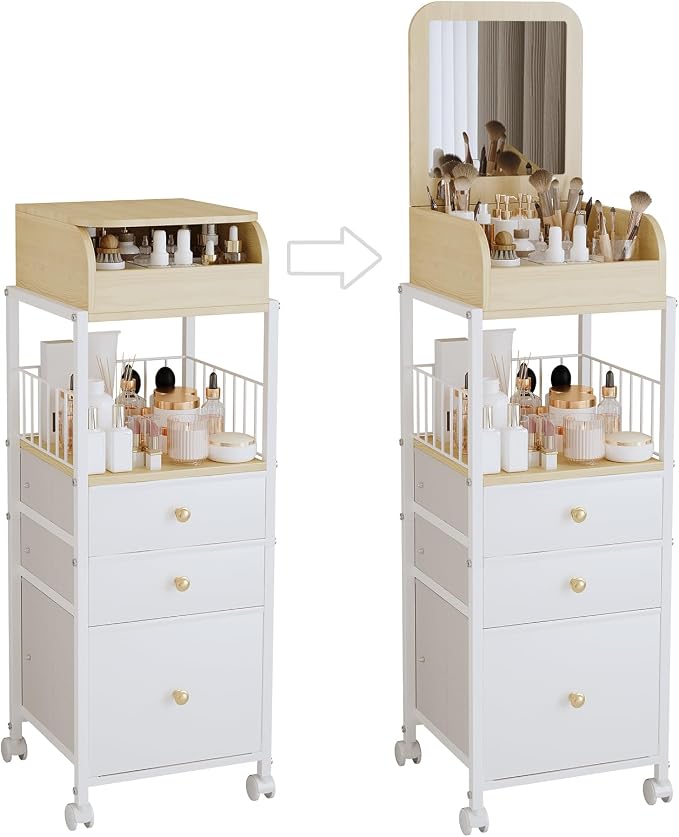 Makeup Organizer Cart with Vanity Mirror, Floor Skincare Organizers Make Up Organizers-Vanity Organizer Cosmetic Display Cases Holder for Skin Care Perfume Nail Polish Brush Hair Tool (White)