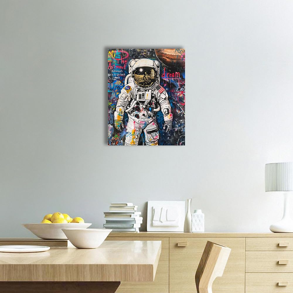 Ypxzzj Framed Banksy Graffiti Astronaut Canvas Wall Art Pop Spaceman Posters Wall Art for Teen Boy Room Decor Modern Abstract Street Art Graffiti Painting for Teenage Boys Bedroom Ready to Hang