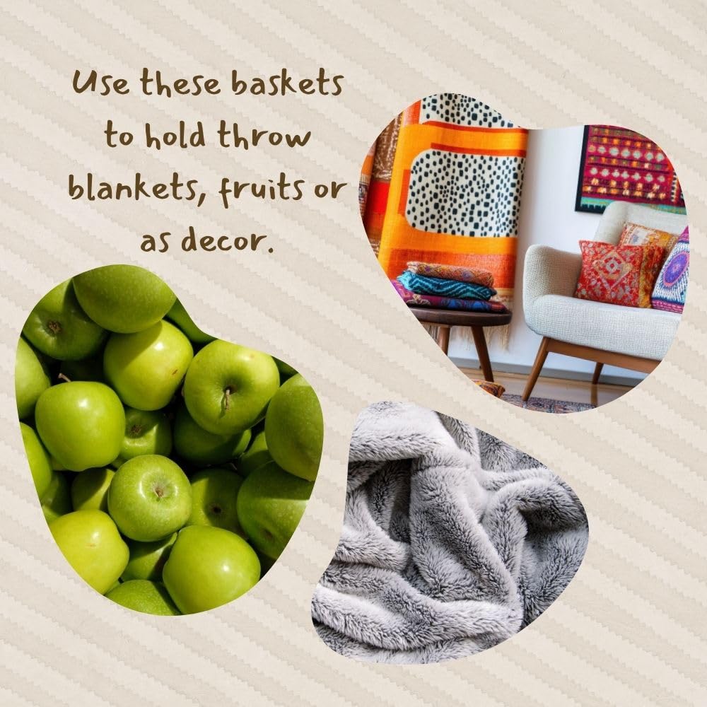 Wicker Storage Basket for Home, Natural and Navy, 16 Inch Wide