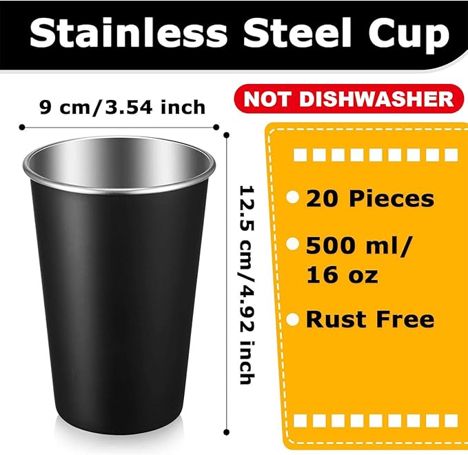 Mimorou 20 Pack 16 oz Stainless Steel Pint Cups Metal Cups Unbreakable Drinking Water Tumblers Stackable Tumbler for Adults Bar Home Restaurant Travel Picnic Camping Outdoor (Black)