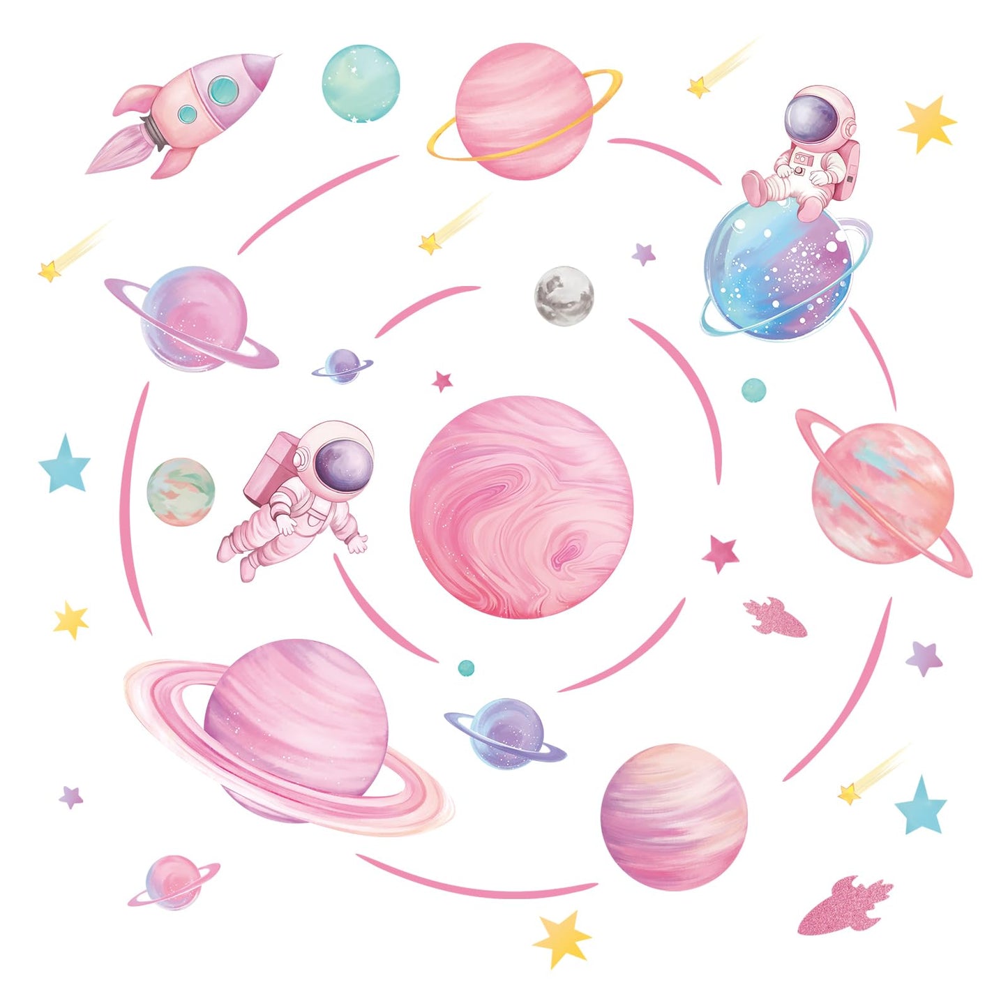 fufuquare Pastel Pink Planet Orbits Wall Decals, Fantasy Outer Space Themed Wall Stickers with Rocket Astronaut and Stars for Kid's Bedroom, Nursery, Playoom, Peel and Stick Reusable