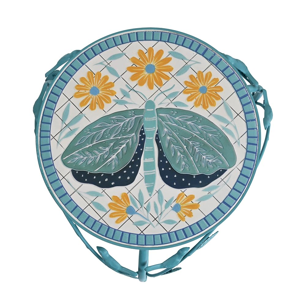 Rustic Metal Plant Stand Set of 2 Indoor & Outdoor Round Ceramic Top Butterfly Mosaic Planter Pot Stand Low Heavy Duty Flower Holder Rack for Patio Living Room Garden Farmhouse Accessory Decor Gift