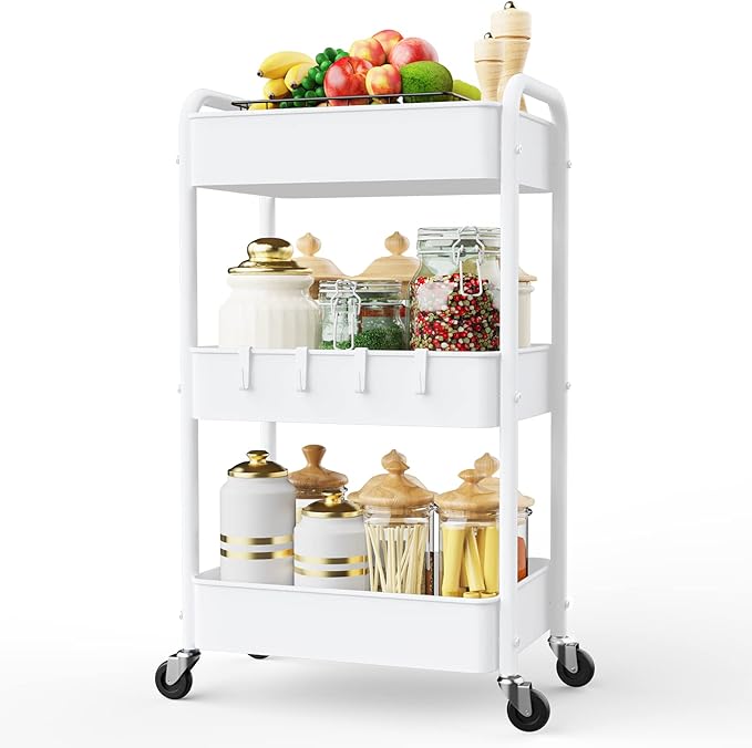 LEHOM 3 Tier Rolling Cart, Metal Rolling Utility Cart with Lockable Wheels & Hooks, Multi-Functional Heavy Duty Storage Cart Organizer for Bathroom, Kitchen, Office, Living Room