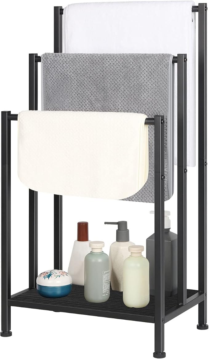Freestanding Towel Rack for Bathroom, Black Standing Towel Rack Bath Towel Holder Stand Floor 3 Tier Blanket Rack Outdoor Towel Rack Standing Metal Blanket Ladders for The Living Room
