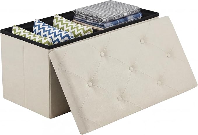 Sweetcrispy 30 Inch Folding Storage Ottoman Bench, Large Hidden Storage Chest with Padded Seat, Foot Rest Stool Supports Up to 660Lbs, End of Bed Bench for Bedroom, Living Room, Linen Fabric, Beige