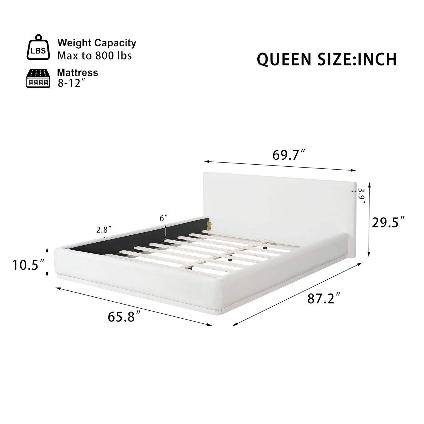 Merax Modern Queen Upholstered Bed Frame with Wingback, Soft Velvet Low Platform Bed, No Box Spring Needed, Easy Assemble, White