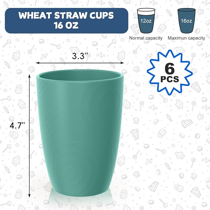 Reusable Wheat Straw Cups 6 PCS, Unbreakable 16 OZ Plastic Cup Alternative, Dishwasher Safe Drinking Glasses for Indoor & Outdoor Use, Green