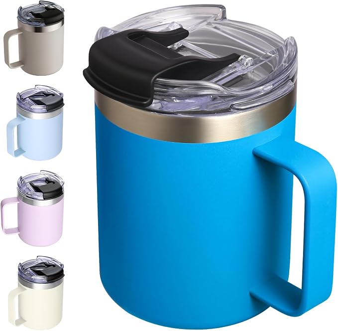 12oz Insulated Coffee Mug Cup with Handle, Stainless Steel Travel Coffee Mug with Flip Lid, Double Wall Vacuum Coffee Tumbler,Sky Blue