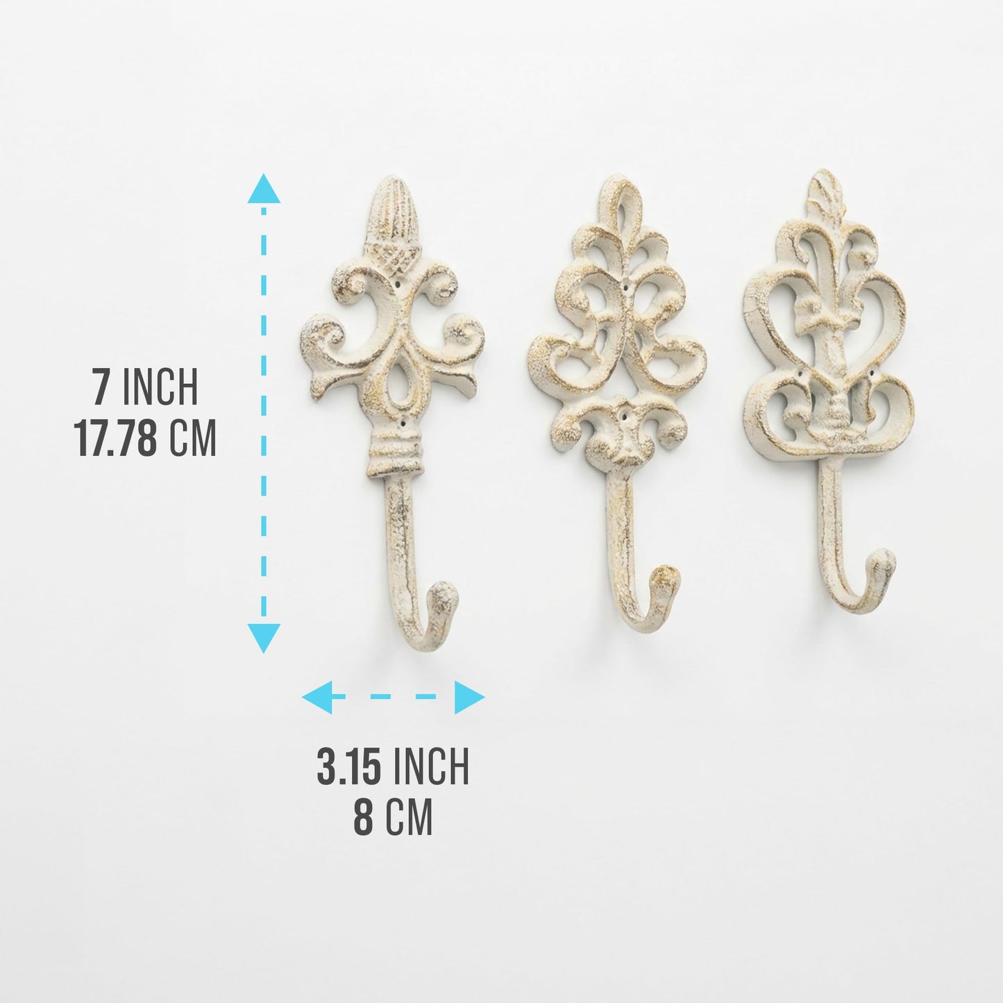 Comfify Shabby Chic Decorative Wall Hooks - Set of 3 - Cast Iron French Country Wall Decor - Farmhouse Hangers for Coats, Purses and More - Rustic White