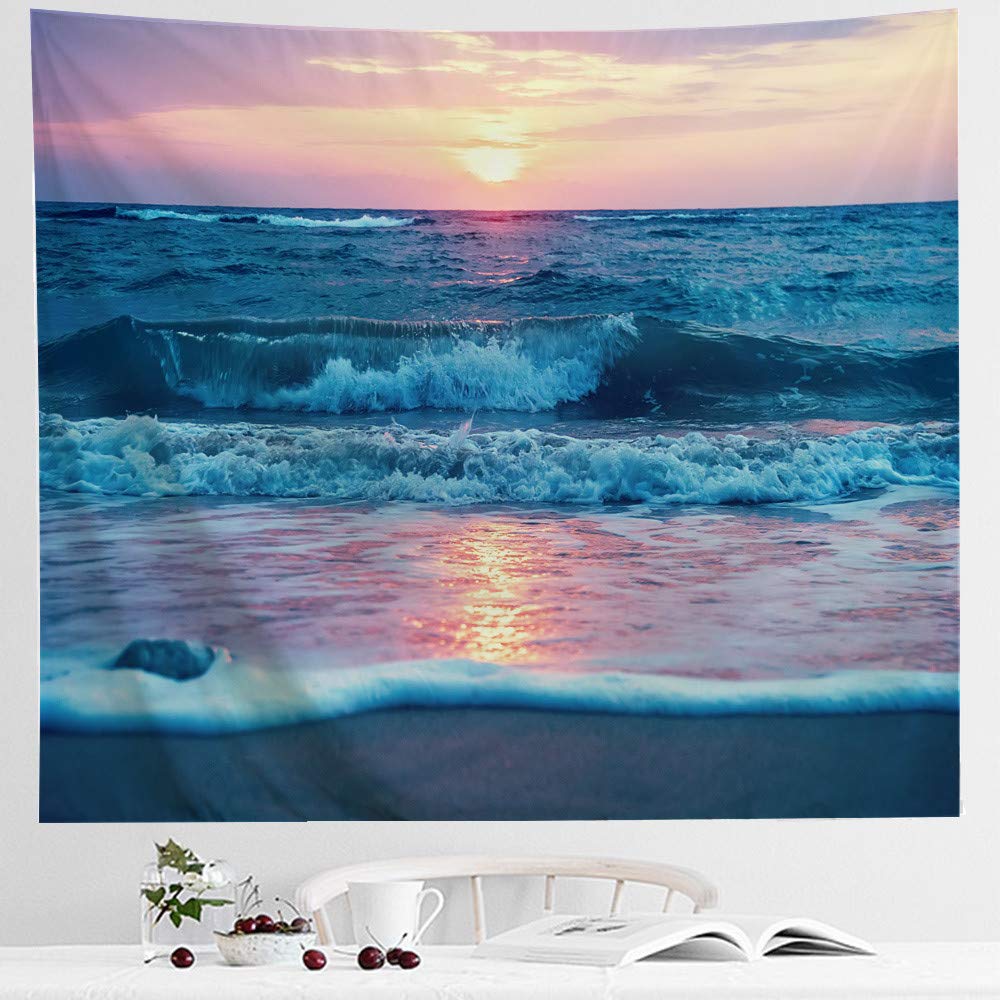 IcosaMro Ocean Tapestry Wall Hanging, Sea Beach Wave Sun Cloud Landscape Scenery Nature Wall Art [Double-Folded Hems] Bohemian Home Decor for Bedroom, Dorm, College, Living Room, 51x60, Blue