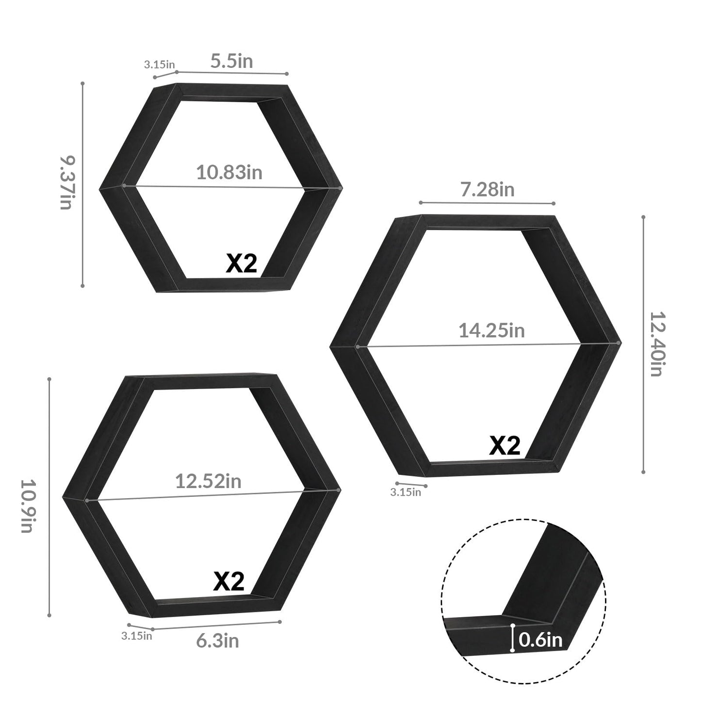 YBING Hexagon Floating Shelves Black Hexagon Shelves for Wall Wood Farmhouse Storage Honeycomb Shelves Set of 6 Hexagon Wall Mounted Home Decor Storage Shelves for Living Room Bedroom Office