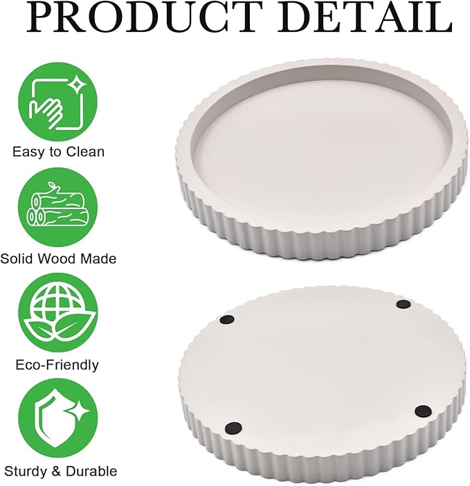 Modern Decorative Tray for Coffee Table, 11" Wooden Gray Beige Round Small Decor Tray for Candle, Perfume, Vanity, Kitchen Island Counter & Table Centerpiece