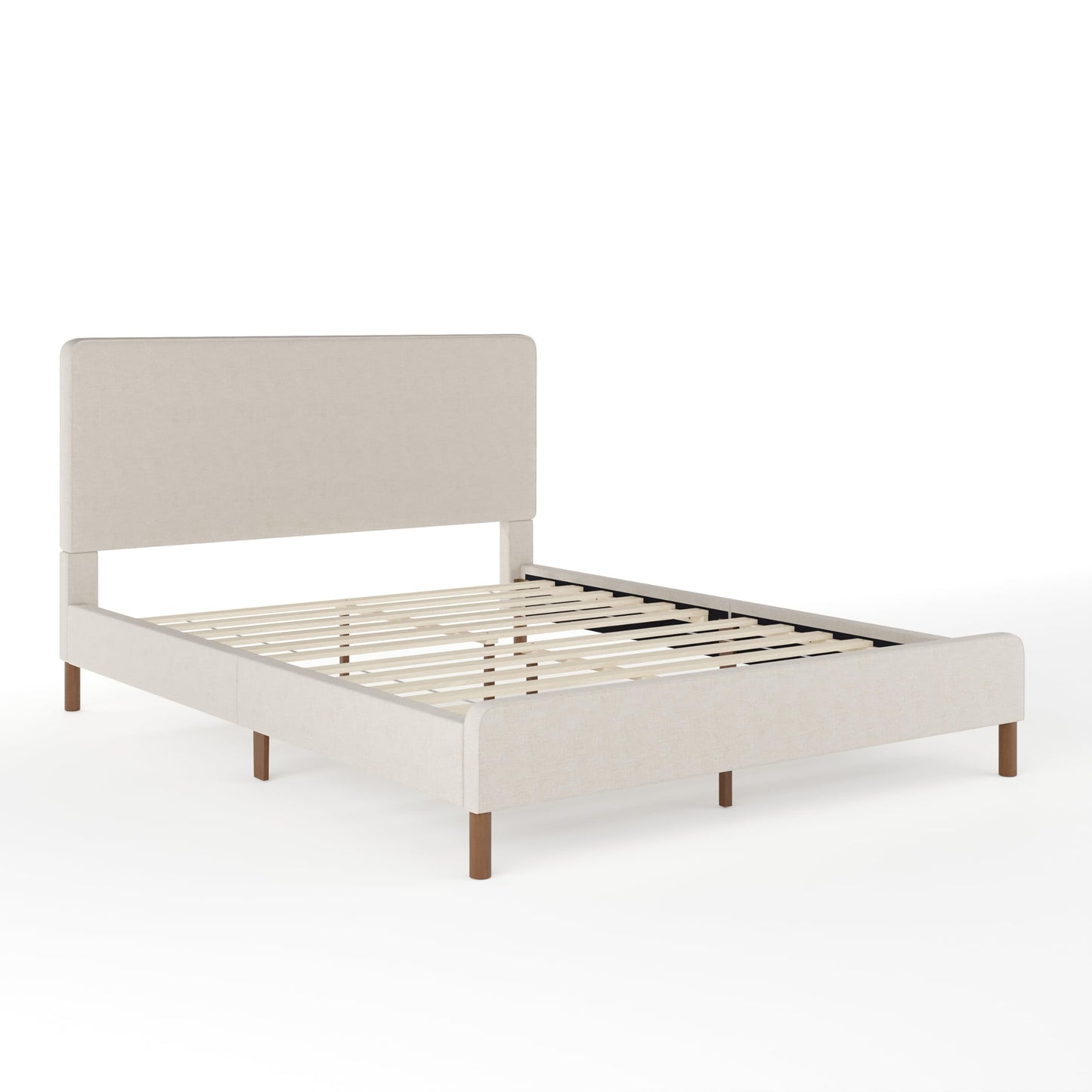 Martha Stewart Britta Platform Bed with Headboard & Footboard, Faux Linen Upholstery with Piping Detail, Rounded Headboard, No Box Spring Needed, Queen, Beige