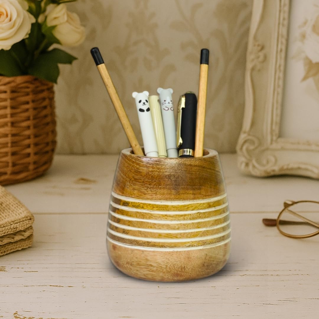 Mie Creations Wooden Pencil Cup Pen Holder for Desk Table | Farmhouse Wood Office Desktop Organizer, Paintbrush Stand, Makeup Brush Holder | Handmade Mothers Day Gifts for Mom- 4'' White Lining Design