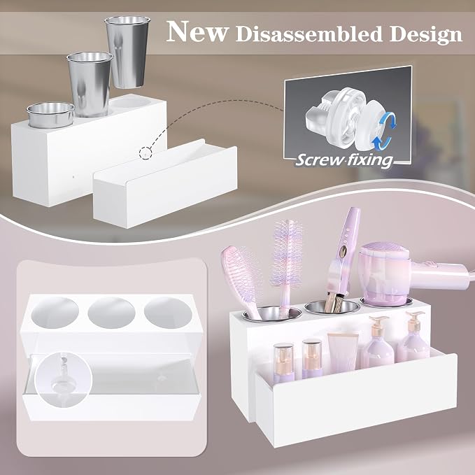 Hair Tool Organizer, Removable Blow Dryer Holder for Bathroom, Hot Tools Organizer For Hair Dryer, Blow Dryer, Curling Iron, Hair Straightener, Bathroom Countertop Organizer, Matte White