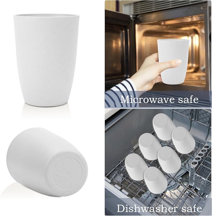 Wrova Wheat Straw Cups Set of 6 Good Alternative to Plastic Cups Reusable 12 oz Unbreakable Drinking Cup Reusable Dishwasher Safe Water Plastic Kitchen Glasses - White