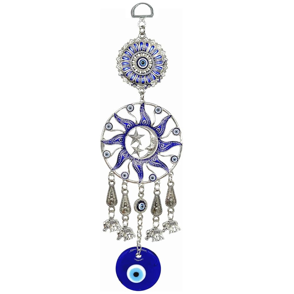 Turkish Evil Eye Wall Hanging, Blue Silver Sun Moon Stars Design with Elephant Charms, Traditional Protection Amulet Decor (1, Moon Star)