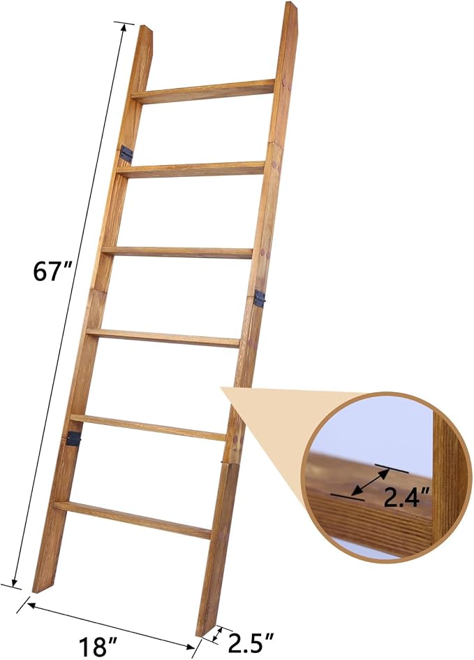 Blanket Ladder, 6-Tier Wooden Quilt Stand, Decorative Ladder Shelf, Leaning Shelf, Wall Leaning Blanket Ladder Towel Storage Rack for Living Room (Walnut)