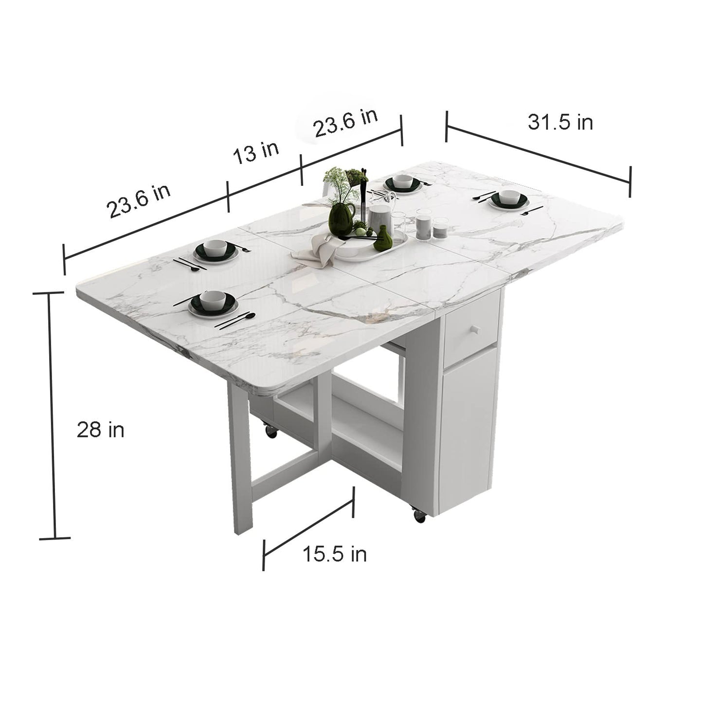FUNROLUX Folding Dining Table with Rack and 2 Storage Drawers, Movable Extendable Space Saving Kitchen Table in 3 Forms (White)