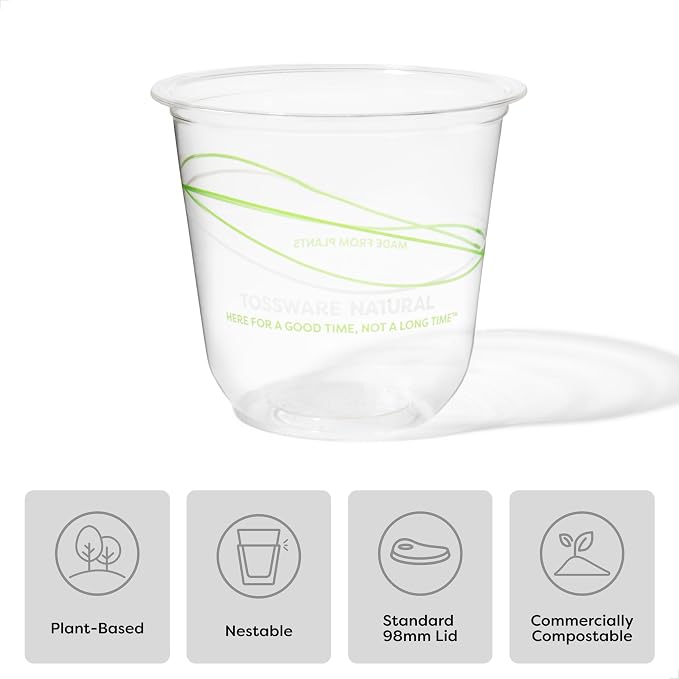 TOSSWARE NATURAL 12oz Arc Green Wave - Plant Based 98mm Clear Cold Cups - Plastic Alternative for Parties, Bachelorettes, Weddings - Recyclable - Set of 50