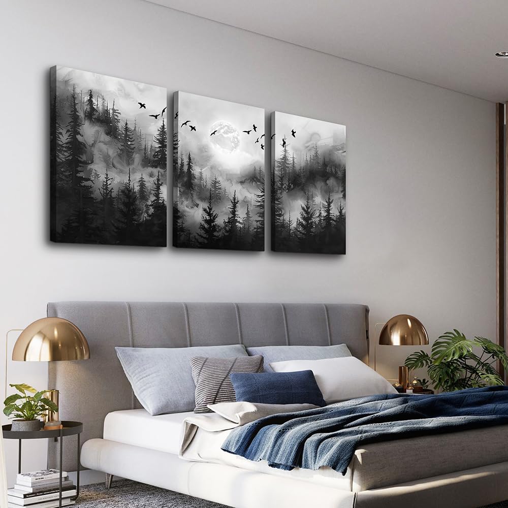 DZRWUBHS Wall Art For Living Room Canvas Wall Decor For Bedroom Black And White Wall Painting Modern Office Decorations Misty Forest Landscape Abstract Wall Pictures Farmhouse Wall Hanging Decor