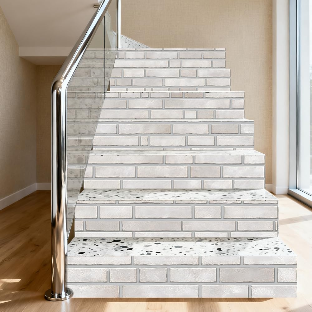 Hpbbspring 15Pcs Staircase Stickers Realistic White Brick Wall Tile Stickers Beauiful Self-Adhesive Water Proof Staircase Decor for Steps Bedroom Balcony Bars 39.3" W x 7.08" H