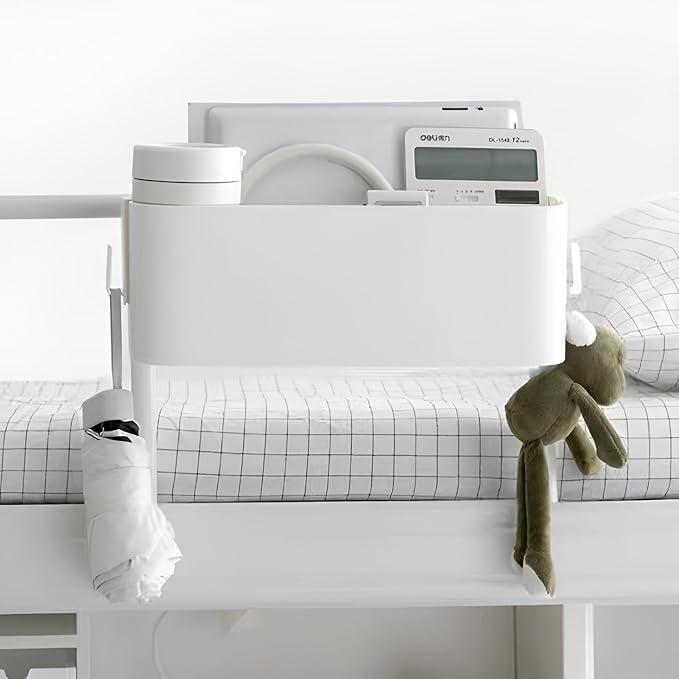 Bedside Organzier Caddy Hanging, Plastic Bunk Bed Shelf with Hooks, Large Storage Holder for Dorm Room Bed, Hospital Bed, Baby Bed Rails, 11 Lbs / 5 Kg Capacity (White)