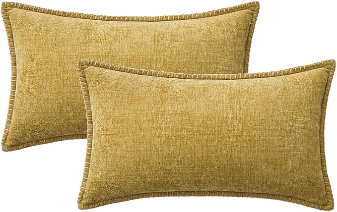 MIULEE Pack of 2 Lumbar Throw Pillow Covers 12x20 Inch Mustard Yellow Farmhouse Decorative Pillow Covers with Stitched Edge Soft Chenille Solid Dyed Pillow Covers for Couch Sofa Bed Living Room