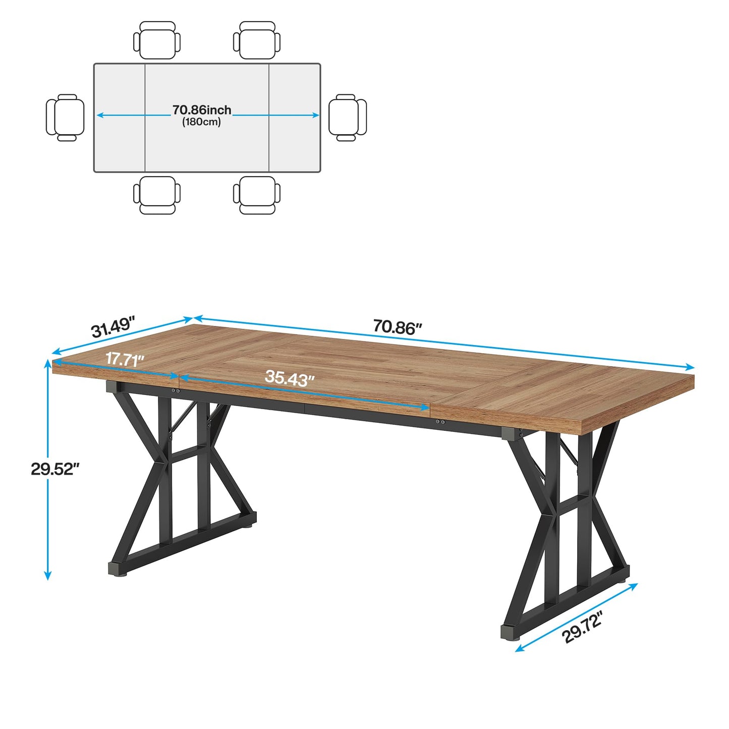 Tribesigns Farmhouse Dining Table for 6 People, 70.8-Inch Rectangular Wood Dining Table, Rustic Kitchen Table with Heavy Duty Metal Legs for Dining Room (Light Brown, 70.8 Inch)