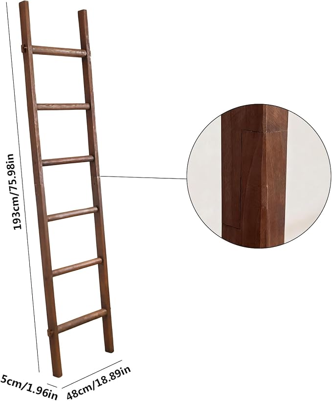Wooden Blanket Ladder - Natural & Motley Wood - Leaning Wall Decor for Bedroom, Bathroom, Living Room - Rustic Quilt Holder & Towel Rack (Walnut Color, 76in（6-Tier）)