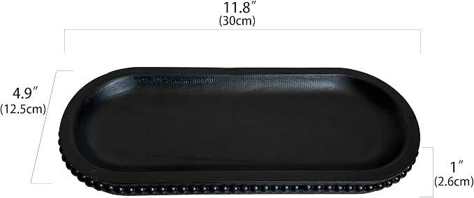dwellington Wooden Farmhouse Decorative Tray, 12in Rustic Beaded Tray for Living Room Decor, Kitchen Table Décor, Oval Coffee Table Serving Tray (Black)