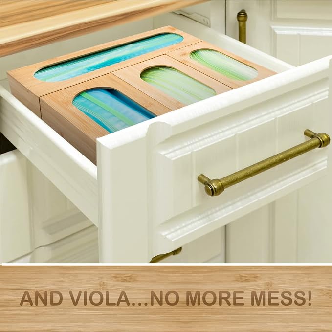 Bartnelli Sandwich bag organizer for Baggie Storage Organization, 5 PC Premium Bamboo Kitchen Drawer Organizer, Bag Holder Dispenser
