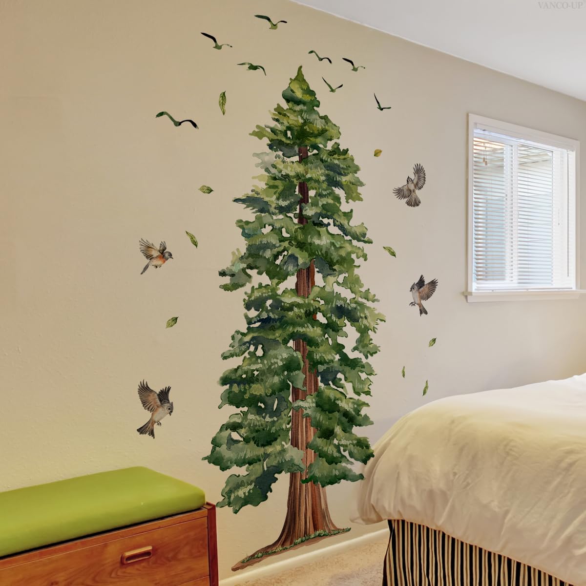 Large Tree Wall Sticker 4 Sheets Green Pine Tree Wall Decal Peel and Stick Bird Wall Art Decor 3D Woodland Animals Wall Stickers for Living Room