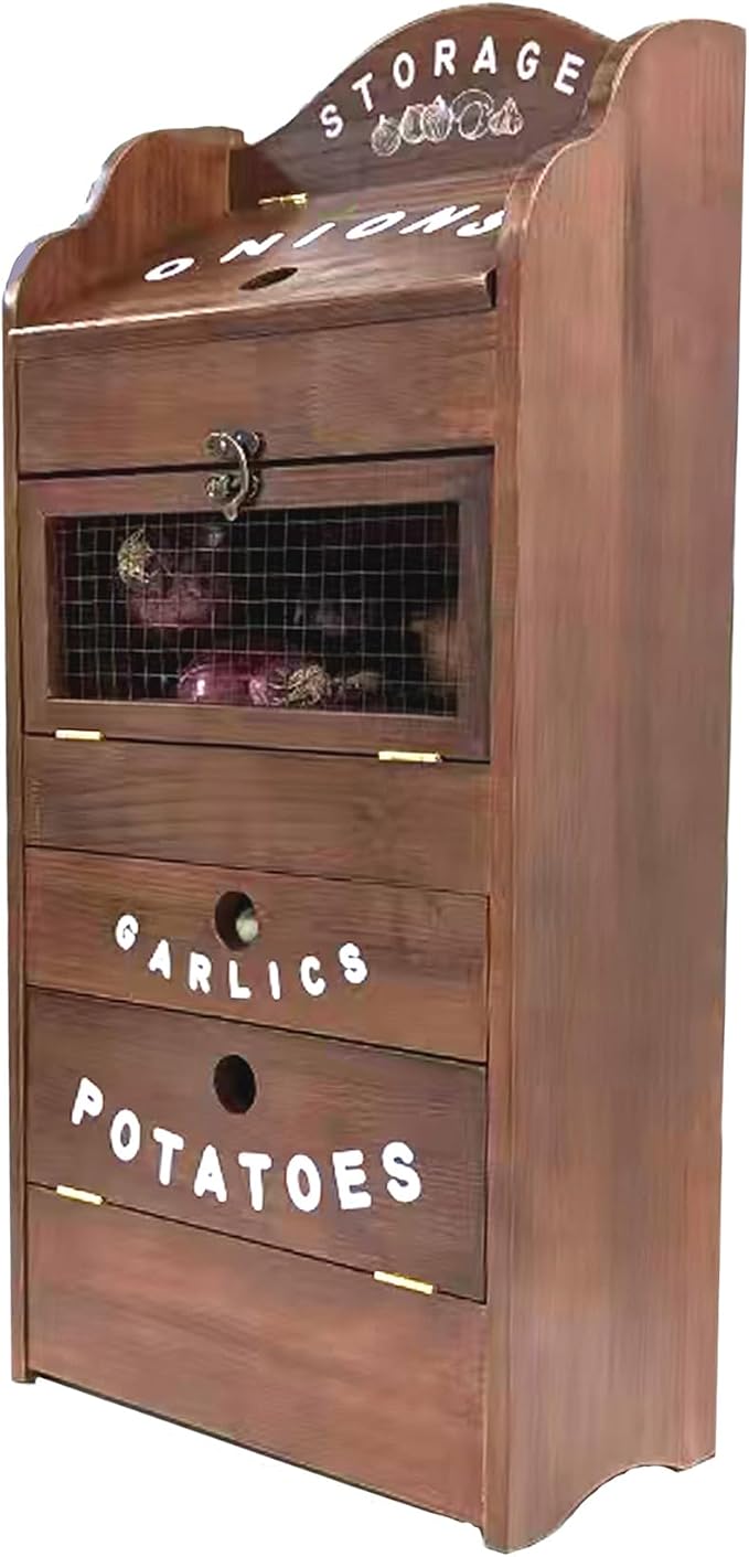 ARTAWEIN Pine Wood Veggie Bin for Potato, Onion and 1 Garlic Drawer Vegetable Box for Kitchen Storage, Solid Wood Vegetable Bin 13.77" L X 7.1" W X 29.3" H (Rustic Walnut)