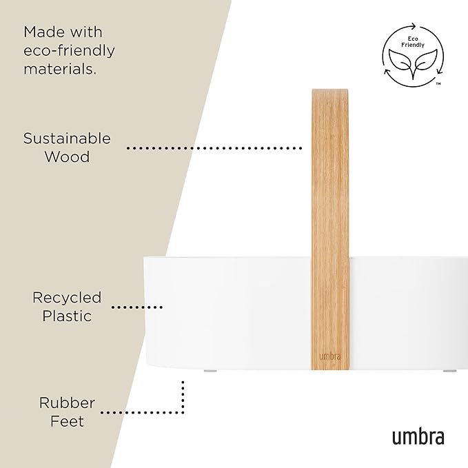 Umbra Bellwood Caddy, Organizer Bin for Makeup and Cosmetics, Durable Lightweight Container with Wooden Handle and Removable Dividers, Small, White/Natural