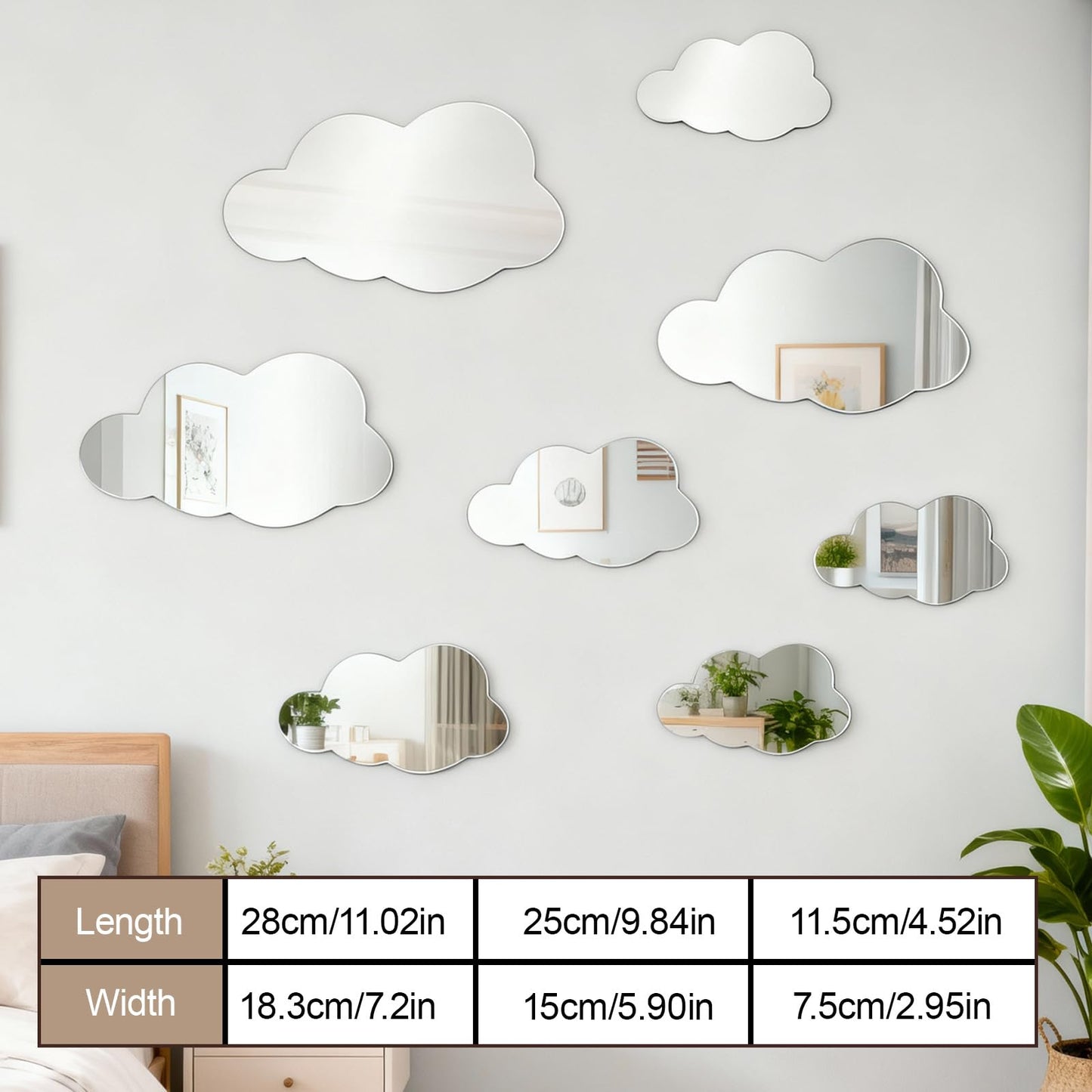 8 Pcs 3D Acrylic Cloud Mirror Wall Stickers Decorative Self Adhesive Cloud Mirror Decals for Classroom Kids Bedroom Playroom Living Room Nursery Wall Decor
