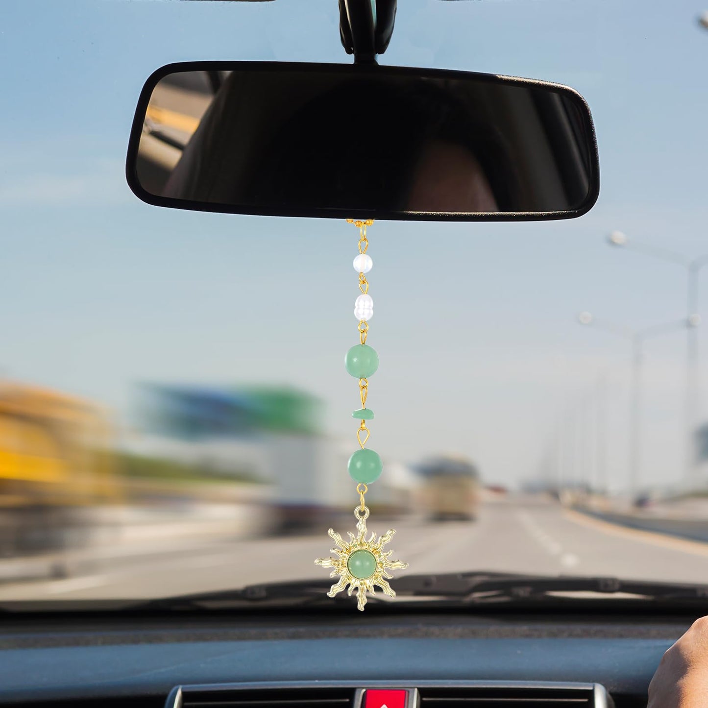 Thinp Sun Hanging Car Charm, Cars Rear View Mirror Accessories Cute Boho Sun Green Car Decor Dangling Handmade Crystals Stones Ornament for Women Men (Green)